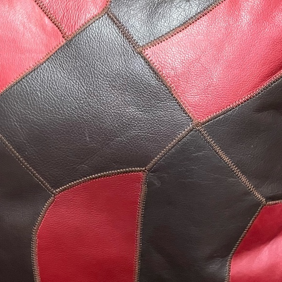 1 Brown Burgundy Leather Print Patch Work Decorative Throw Pillows  15x15” - Picture 3 of 7